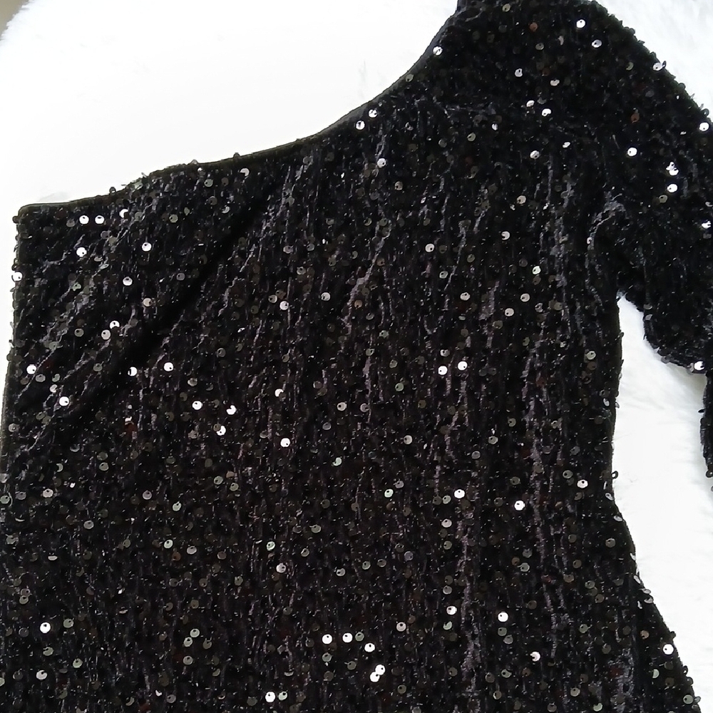 Whimsigoth Dark Black Sequin Feather Trim One-Shoulder Midi Party Prom Dress - Picture 3 of 15